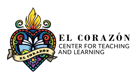 Logotipo del Centro El Corazón para la Enseñanza y el Aprendizaje, en el que se ve un corazón que contiene un libro, una flor y otras figuras, con una llama que sale de la parte superior