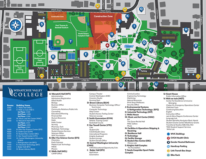 Un mapa del campus de WVC en Wenatchee campus iconos que indican la ubicación de los aparcamientos para bicicletas.