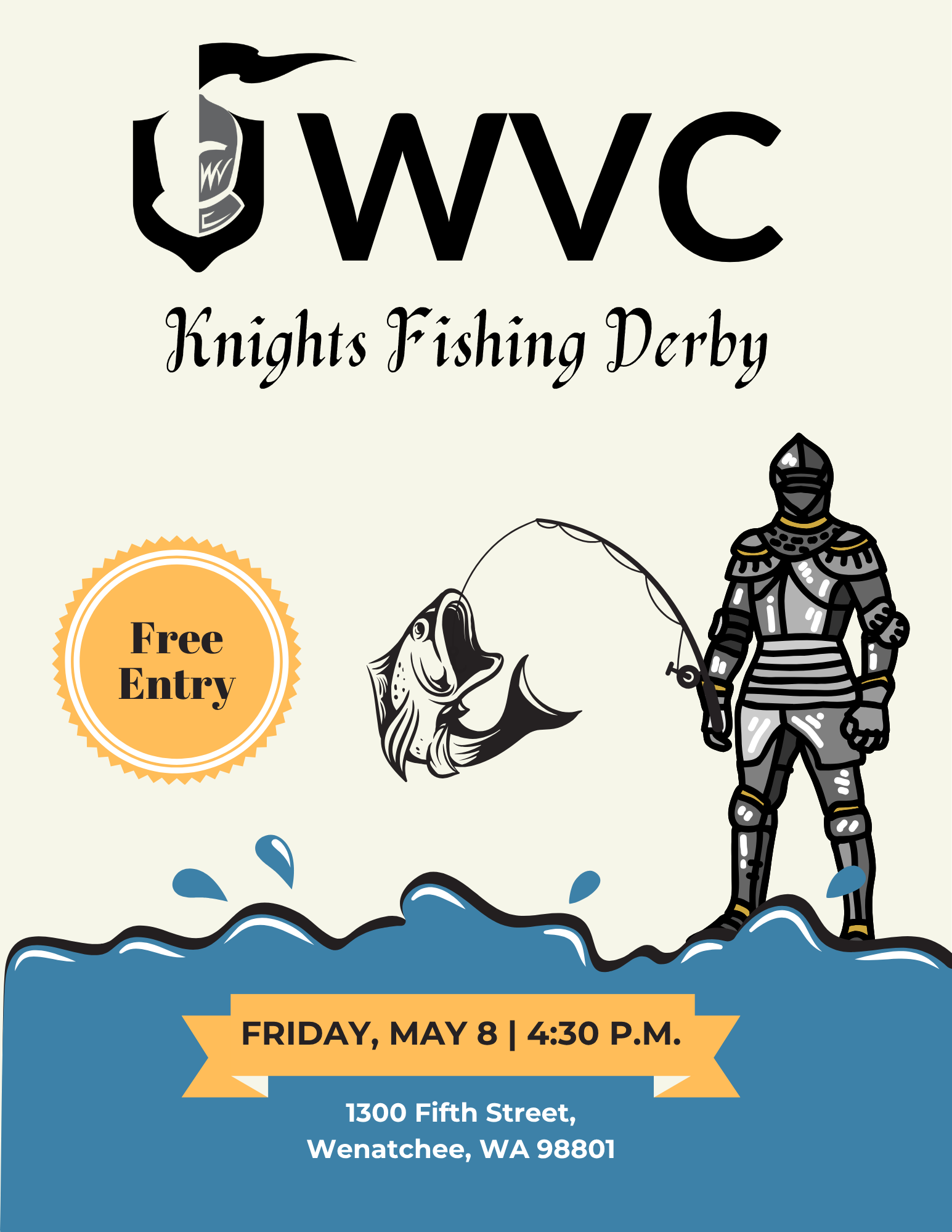 Imagen que muestra un recorte de un caballero pescando en aguas azules. El título del evento reza: «WVC Knights Fishing Derby».
