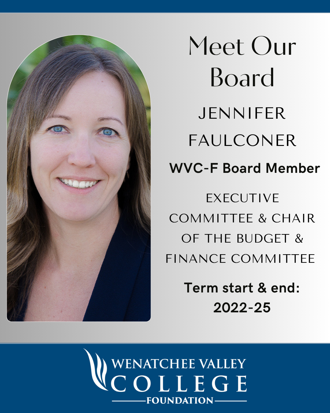 Foto de Jennifer Faulconer con el logotipo de WVC y el texto «Conoce a nuestra junta directiva: Jennifer Faulconer».