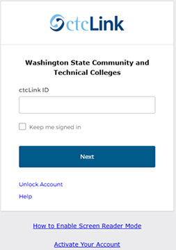 Una captura de pantalla de la página de inicio de sesión de ctcLink.