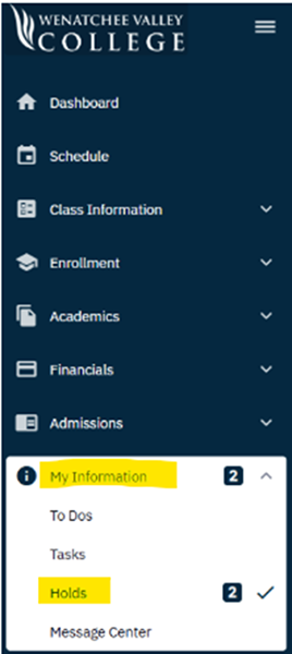 Captura de pantalla del panel de control de una cuenta de estudiante de ctcLink con la sección «restricciones» resaltada.