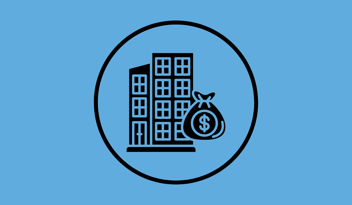 Un recuadro azul con el icono de un edificio negro y una bolsa de dinero.