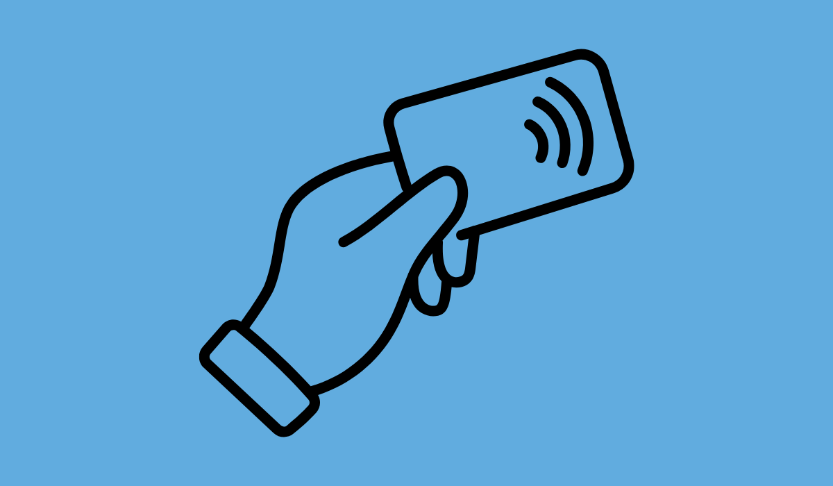 Un cuadrado azul con el icono de una mano que sostiene una tarjeta de compras.