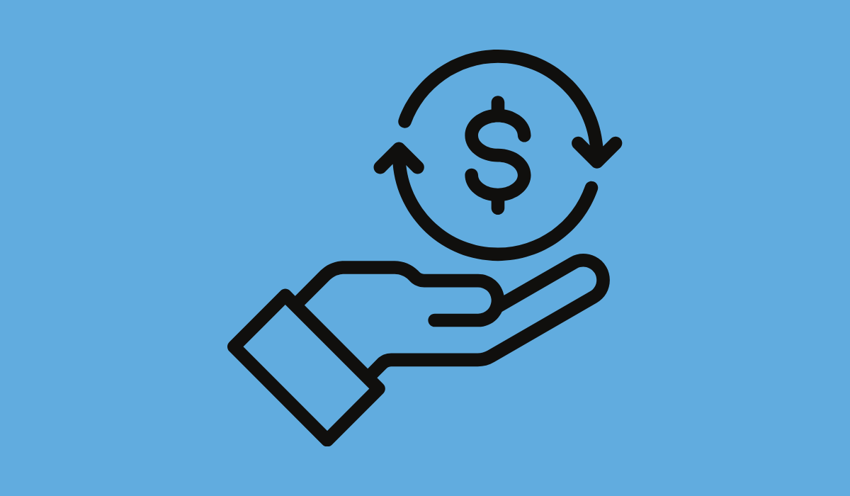 Un cuadrado azul con el icono de una mano que sostiene el símbolo del dólar.