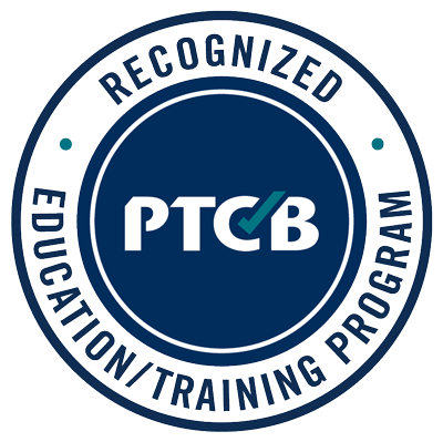 El logotipo de PTCB, de forma circular, con un círculo interior azul oscuro y letra azul oscuro