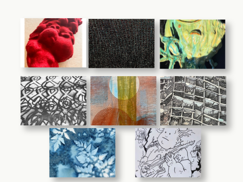 Collage compuesto por ocho obras de arte del profesorado de Bellas Artes del WVC