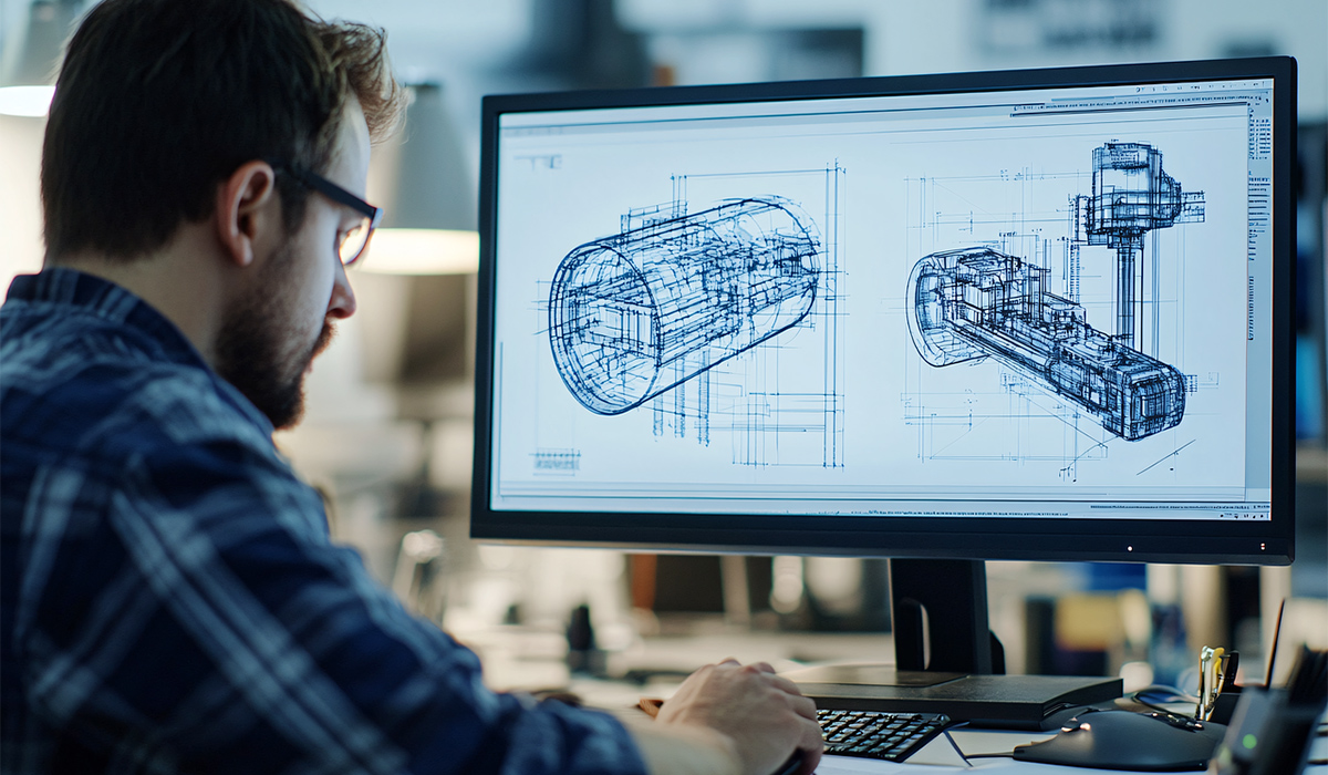 Un diseñador está sentado frente al ordenador trabajando en un diseño.