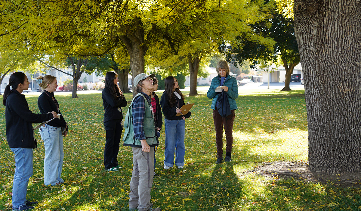 Los alumnos están junto a su profesor de geografía bajo un árbol.
