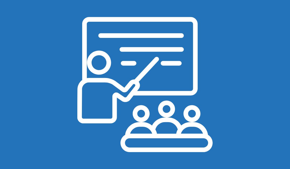 Un icono blanco de una clase sobre un fondo azul.