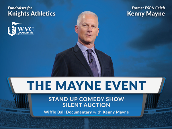 Imagen de un folleto con una foto de Kenny Mayne vestido con traje y un fondo gráfico de un estadio de fútbol, con texto en blanco sobre «The Mayne Event».