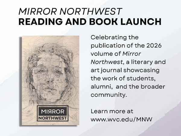 Imagen del cartel de la lectura y la presentación del libro de Mirror Northwest, con una imagen de la portada de la revista literaria de 2026.
