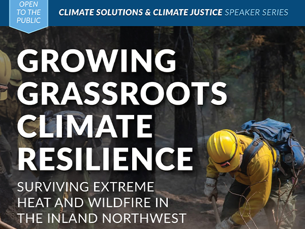 Una imagen para la conferencia «Growing Grassroots Climate Resilience», con una fotografía de un miembro del cuerpo de bomberos recogiendo hierba seca con una pala.