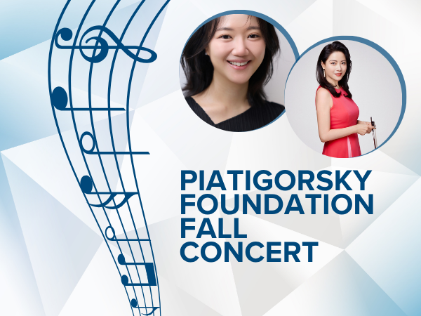 Fotografías de los dos músicos de la Fundación Piatigorsky con un fondo de notas musicales y motivos geométricos.
