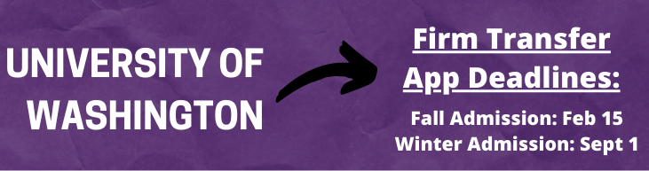Fechas límite para solicitar la admisión como estudiante transferido en la Universidad de Washington: el 15 de febrero para el semestre de otoño; el 1 de septiembre para el semestre de invierno.