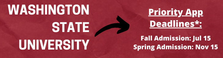 Fechas límite para la solicitud prioritaria de la Universidad Estatal de Washington: la admisión para el otoño es el 15 de julio; la admisión para la primavera es el 15 de noviembre